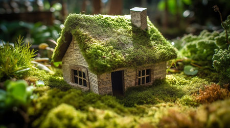 Miniature house stands on sea shore, covered with algae, advancing wave in backgroundの素材