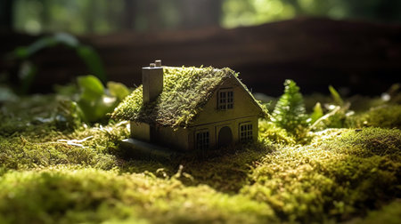 Miniature house stands on sea shore, covered with algae, advancing wave in backgroundの素材
