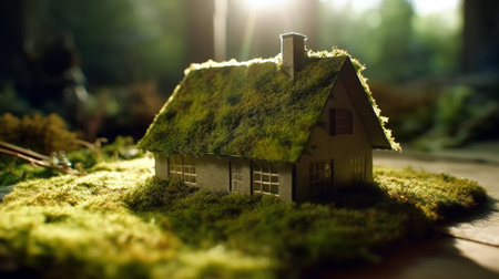 Miniature house stands on sea shore, covered with algae, advancing wave in backgroundの素材