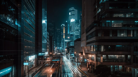 abstract neon mega city with light reflection from puddles on street. Concept for night lifeの素材