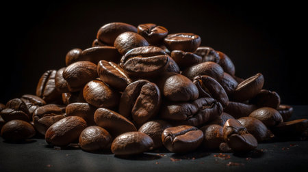 Brown roasted coffee beans, seed on dark background. Espresso dark, aroma, black caffeine drink.の素材
