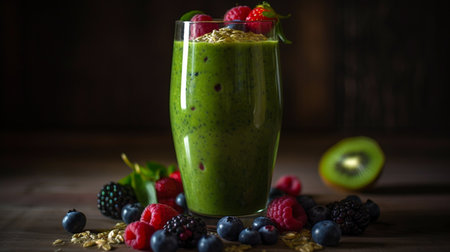 Green smoothies made of yogurt, spinach, kiwi and apple in glassesの素材