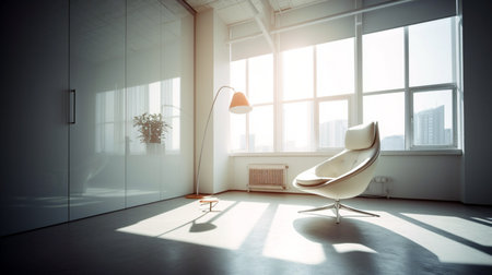 Interior of panoramic CEO office with white walls, concrete floor.の素材