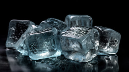 Pieces of crushed ice cubes on black background.の素材