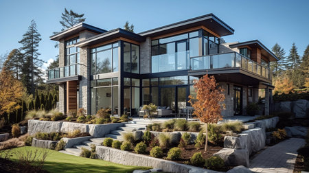Beautiful contemporary white house with lush grass and blue sky twilight and daylightの素材