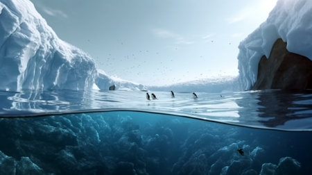 Arctic daytime landscape showing white icebergs floating in the ocean. One penguin is swimmingの素材