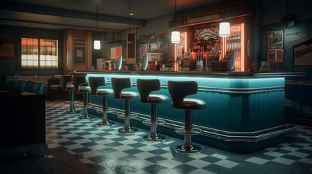 Retro diner interior with a tile floor, neon illumination, jukebox and art deco style bar stoolsの素材