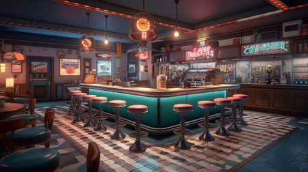 Retro diner interior with a tile floor, neon illumination, jukebox and art deco style bar stoolsの素材