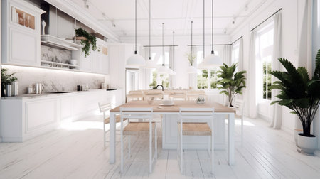 interior design spacious bright studio apartment in Scandinavian style and warm pastel whiteの素材