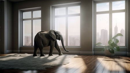 Baby elephant sitting in room and watching city. Generative AIの素材