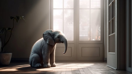 Baby elephant sitting in room and watching city. Generative AIの素材