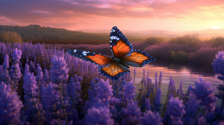 As the sun sets over the tranquil lavender fields. AI Generativeの素材