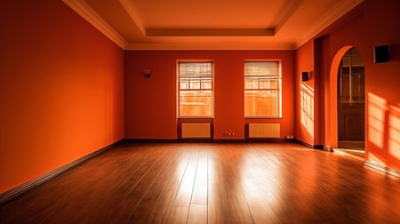 Corner view on bright living room interior with empty white poster, sofa. Generative AIの素材
