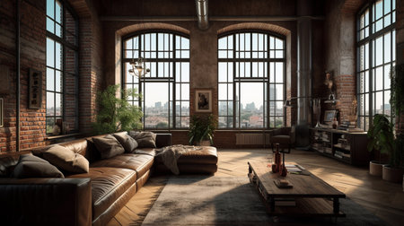 Modern office interior in loft, industrial style, 3d render, Generative AIの素材