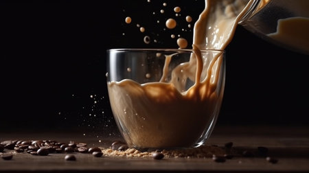 Milk coffee splashed from the mouth of the glass. Generative AIの素材