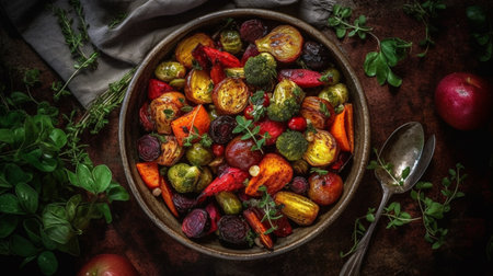 Freshly grilled vegetables in a grilling sheet pan, overhead view. Generative AIの素材