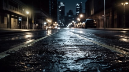 City streets at night fog. Black asphalt road and empty dark street scene backgroundの素材