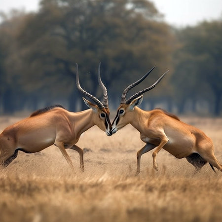 Springbok males engaged in a fierce battle. Antidorcas Marsupialisの素材