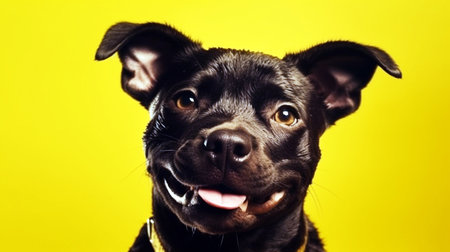 Happy puppy dog smiling on isolated yellow background. dark brindle french bulldogの素材