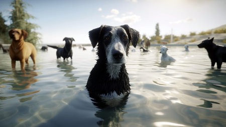 golden retriever dog playing in the swimming pool. Pet rehabilitation in waterの素材