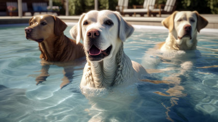 golden retriever dog playing in the swimming pool. Pet rehabilitation in water. trainingの素材