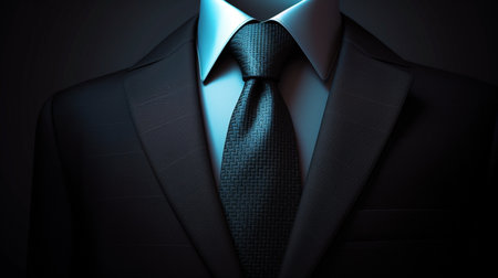 Male jacket with shirt and tie close up. Black business suit with a tieの素材