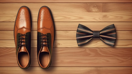 Men s fashion. Men s shoes and bow tie on wooden tableの素材