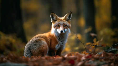 Cautious fox stopped at the edge of the forest in autumn leavesの素材