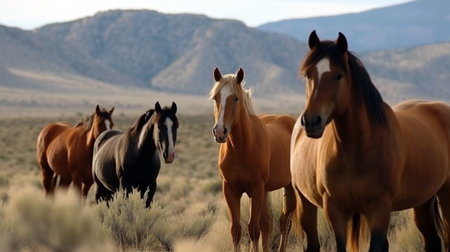 Horse herd run on pasture against beautiful landscape. cool running horsesの素材