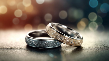 Panoramic banner of two upright wedding bands symbolic of love and romance on a glitter backgroundの素材