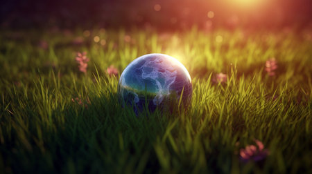 Glass globe in the green forest with sunlight for the Environment, save the world, earth dayの素材