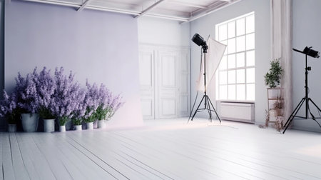 Poster above white cabinet with plant next to lilac sofa in simple living room interior. purple sofaの素材