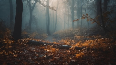 Morning fog in the autumn forest. Autumn forest path. Orange color tree, red brown maple leaves fallの素材