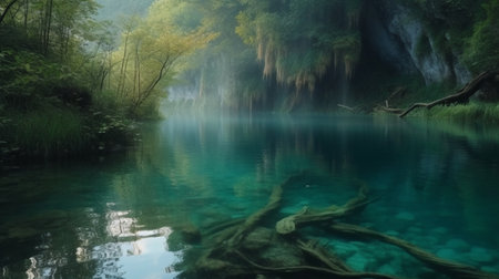 Jungle landscape with flowing turquoise waterの素材