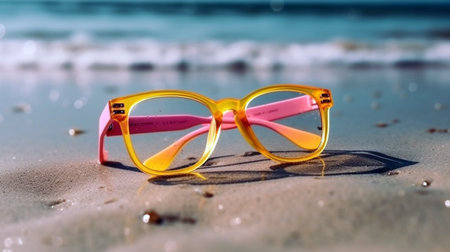 Sunglasses on sandy beach in summer. Sunglasses on the tropical beach. Travel relax vacation. Summerの素材