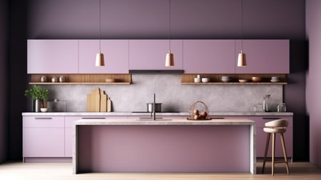 Small clean bright kitchen with purple kitchenette. modern kitchen interior. color blocking. lilacの素材