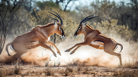 Two male impala fighting during the mating season. Male Impala Aepyceros melampus fighting, sparringの素材