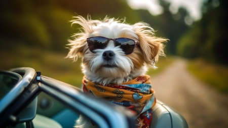 fashionable funny dog puppy in sunglasses leaned out the car window on the road during the tripの素材