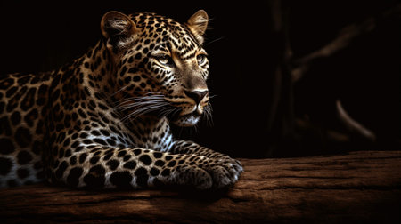 A leopard (Panthera pardus) rest in a tree with black background. Leopard lay down to rest and relaxの素材