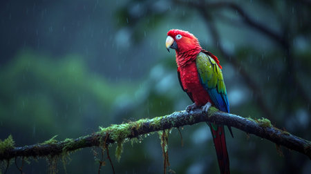 Red Macaw parrot in the rain. Macaw parrot in dark green vegetation. Scarlet Macaw in forestの素材