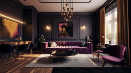 Comfortable Lilac color accent in modern interior with flowers in living room. Generative AIの素材