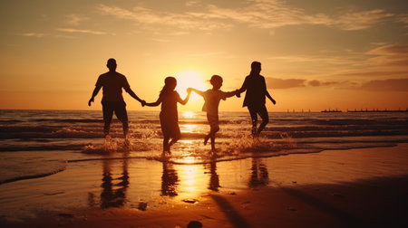 Silhouette of the family holding hands enjoying the sunset on the beach. Generative AIの素材