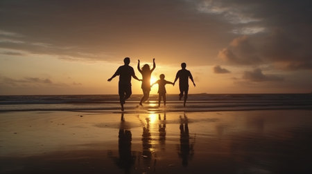 Silhouette of the family holding hands enjoying the sunset on the beach. Generative AIの素材