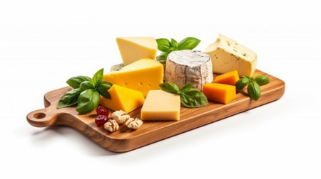 Foto per Wooden board with different kinds of cheese and basil on white background - Immagine Royalty Free