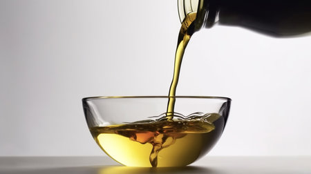 Bottle pouring virgin olive oil in a bowl close up on white backgroundの素材