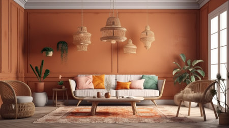 Boho cozy living room design, bright wallの素材