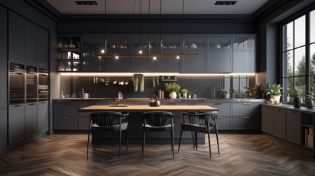 Beautiful Grey Modern Kitchen in a Luxury Apartment with Stainless Steel Appliancesの素材