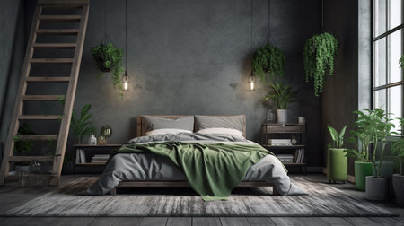 Bed between ladder and plant in green boho bedroom interior with grey carpet under lampsの素材