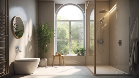 Creative design of bathroom with shower room and toilet bowl under window in light houseの素材
