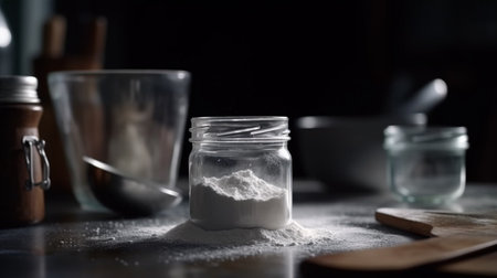 Jar and baking soda on wooden tableの素材